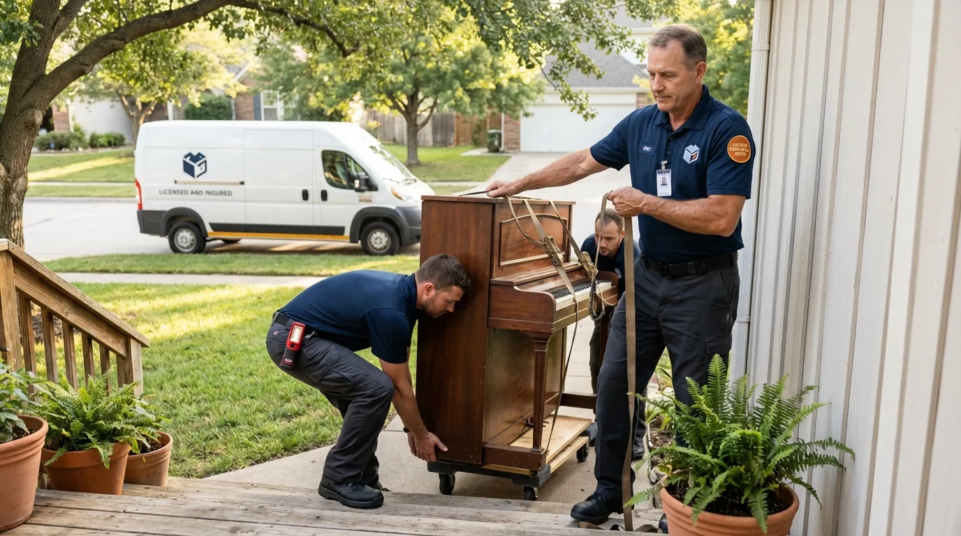 Licensed piano movers securing grand piano in Peabody, KS