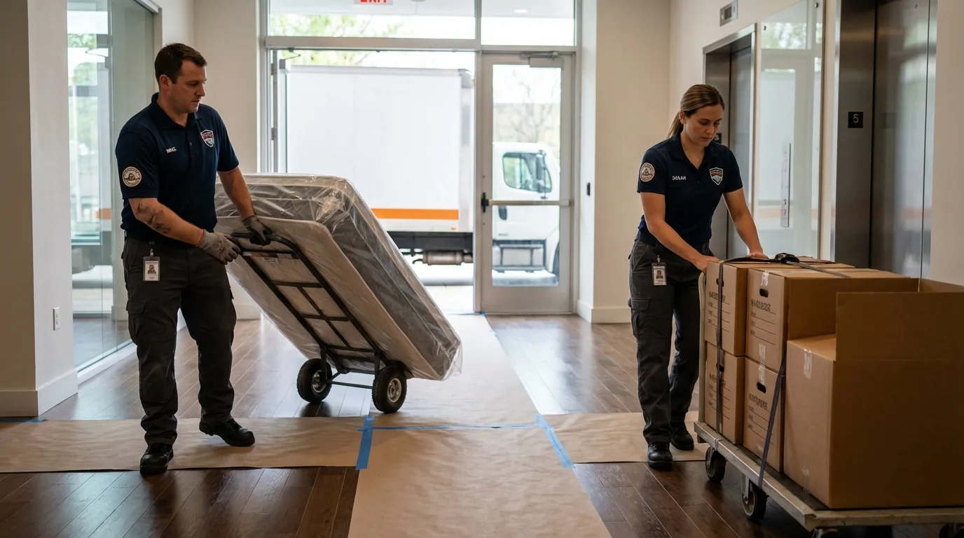 Professional apartment movers loading elevator in Peabody, KS